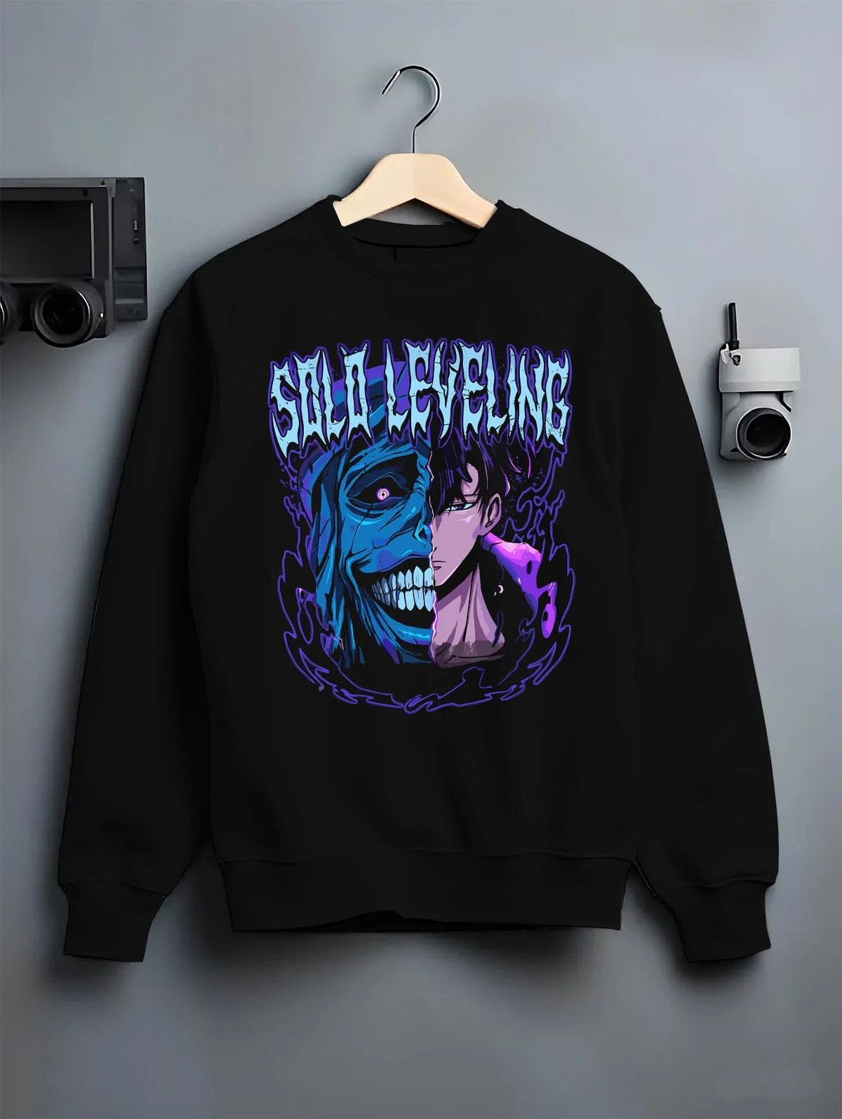 Black crewneck sweatshirt on hanger featuring Solo Leveling frost demon Ice King artwork.