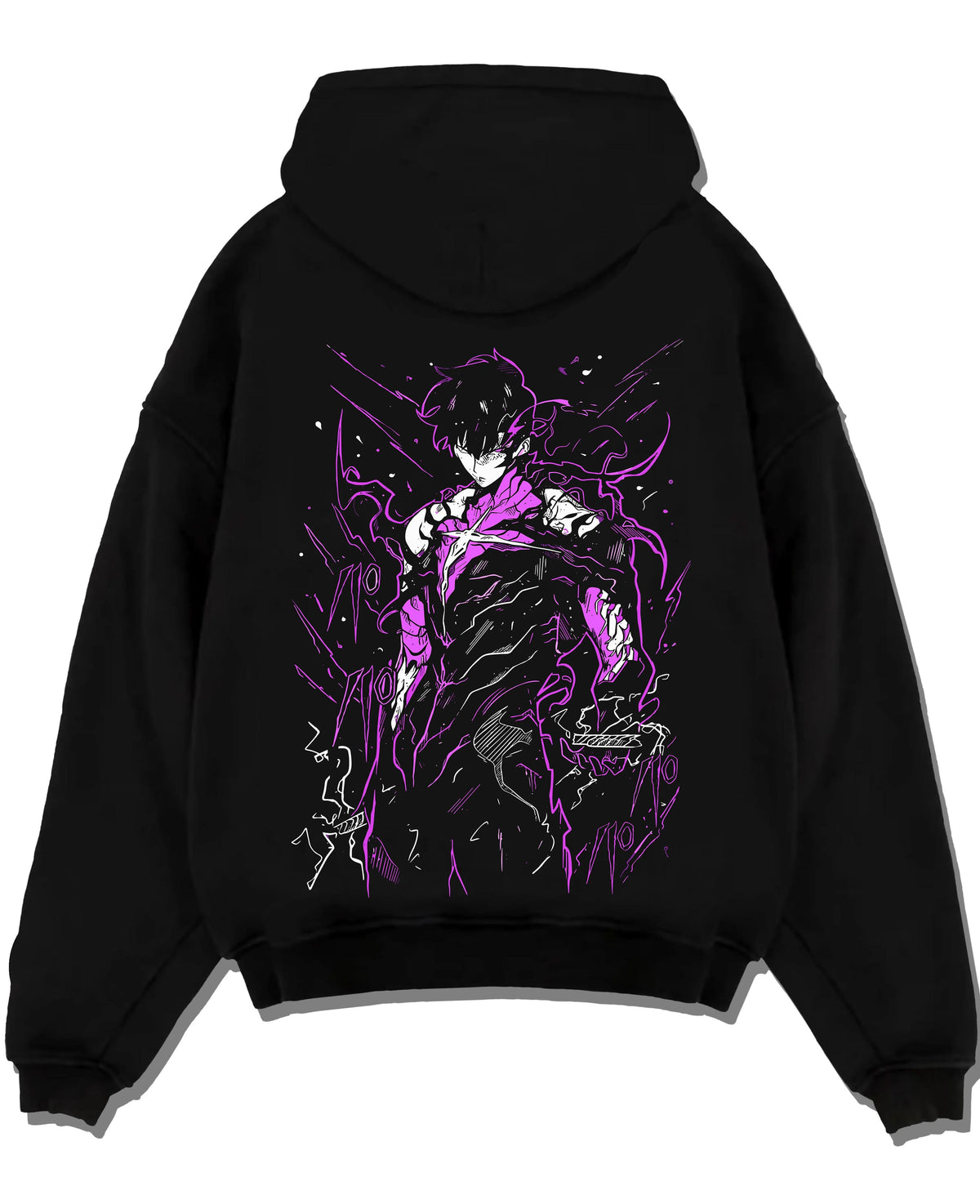 Black hoodie laid flat featuring Gojo purple cursed energy silhouette artwork.