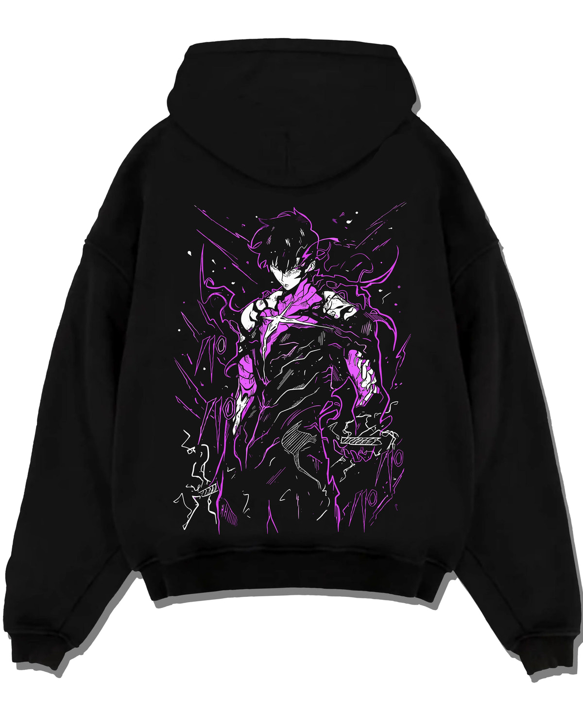 Black hoodie laid flat featuring Gojo purple cursed energy silhouette artwork.