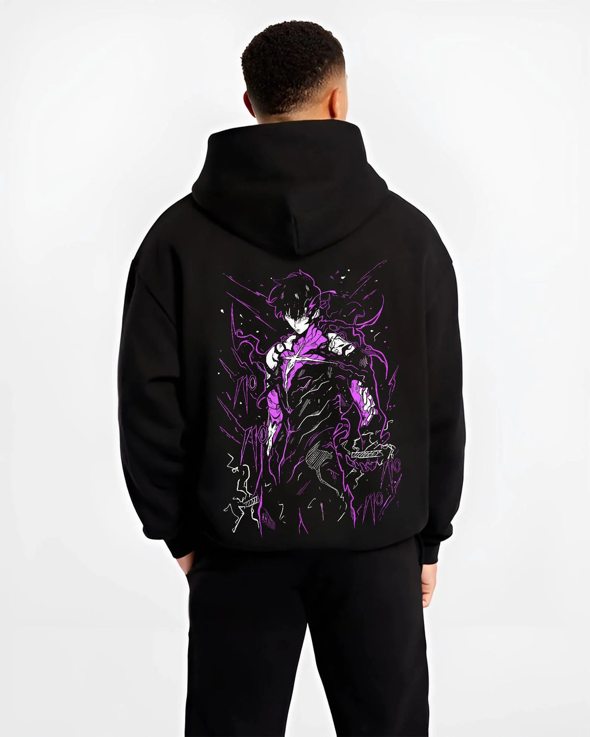 Black hoodie worn by male model from the back featuring Gojo purple cursed energy silhouette artwork.