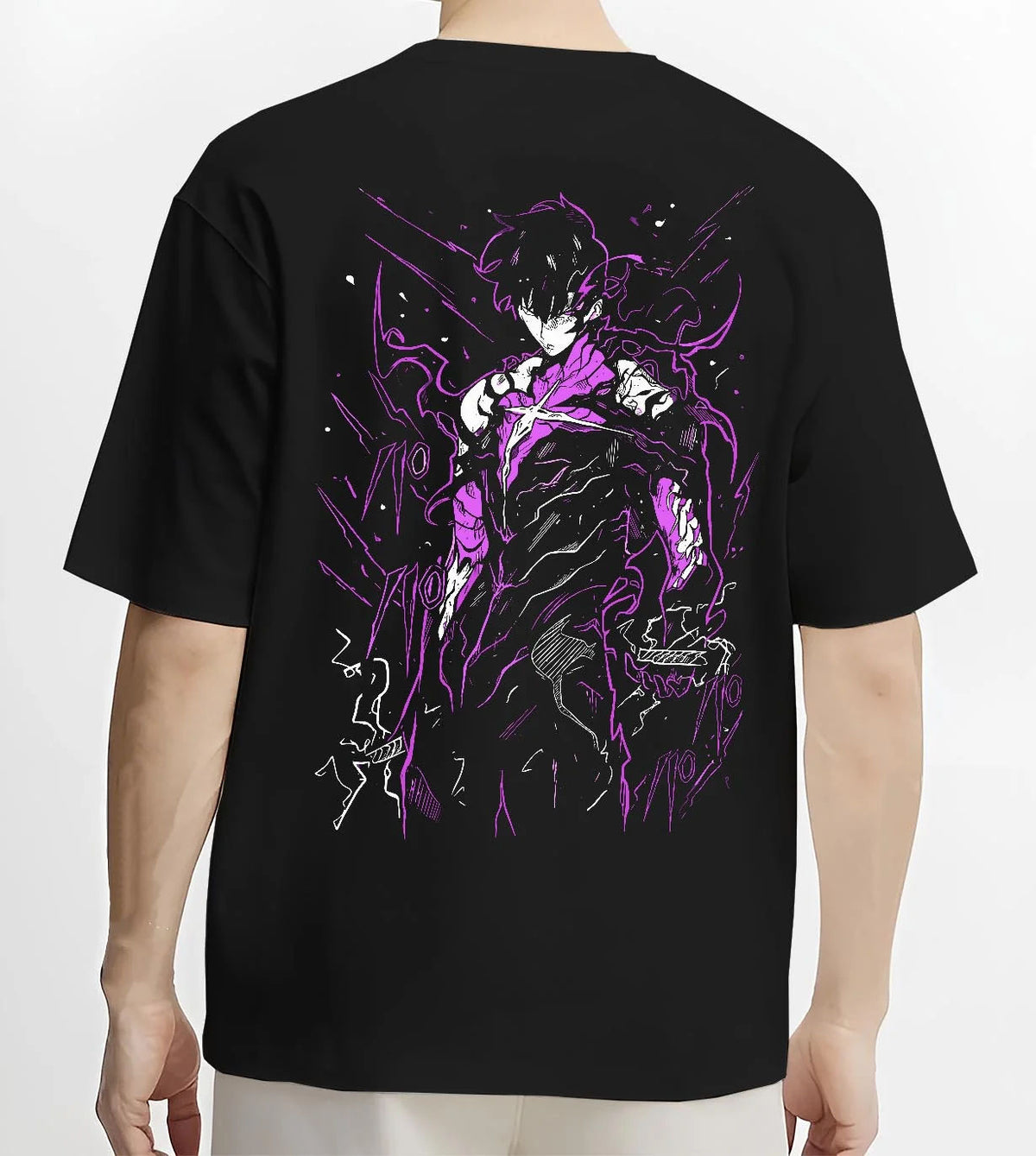 Black T-shirt worn by male model from the back featuring Gojo purple cursed energy silhouette artwork.