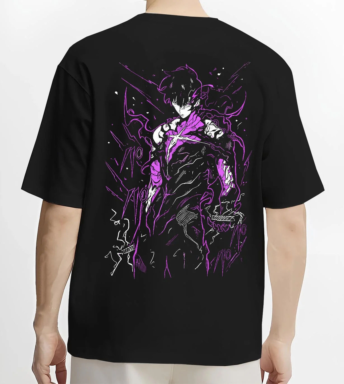 Black T-shirt worn by male model from the back featuring Gojo purple cursed energy silhouette artwork.