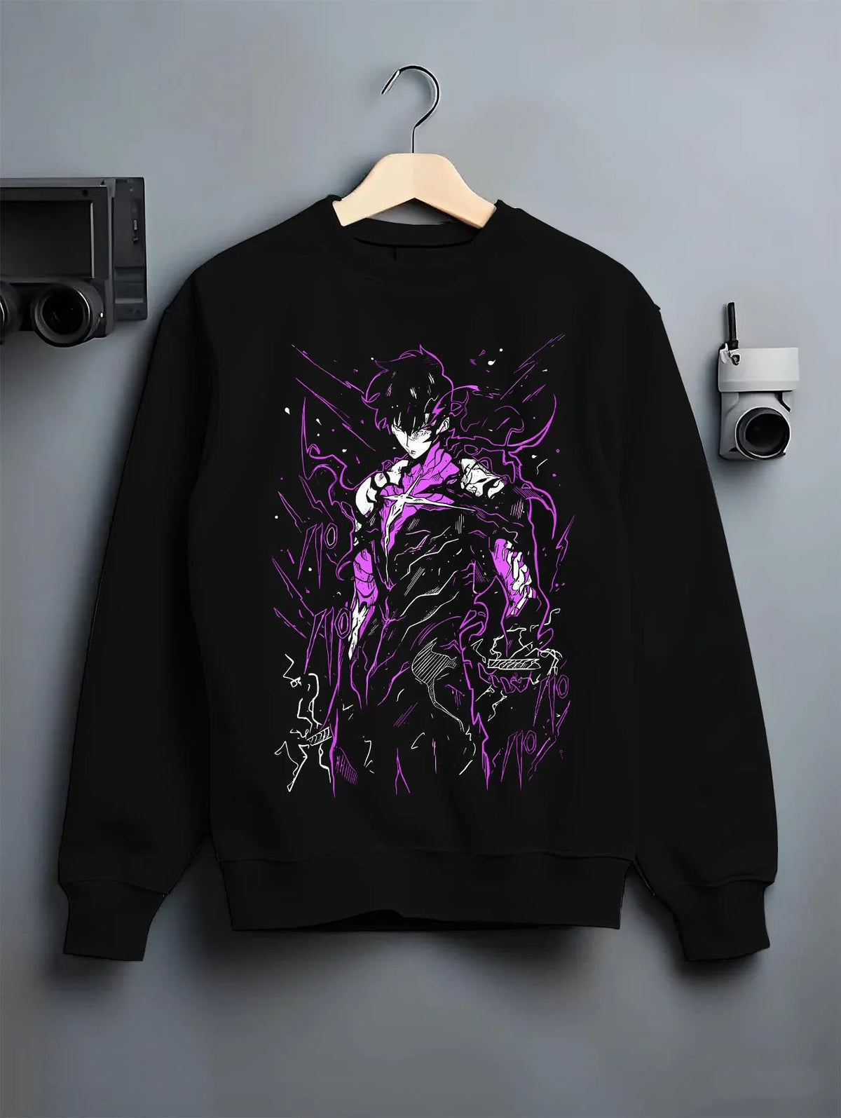 Black crewneck sweatshirt on hanger featuring Gojo purple cursed energy silhouette artwork.