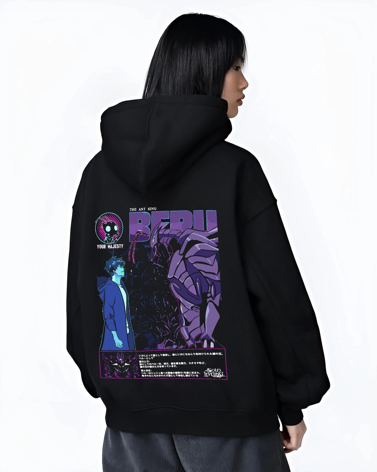 Black hoodie worn by female model from the back featuring Ice Monarch frost power artwork.