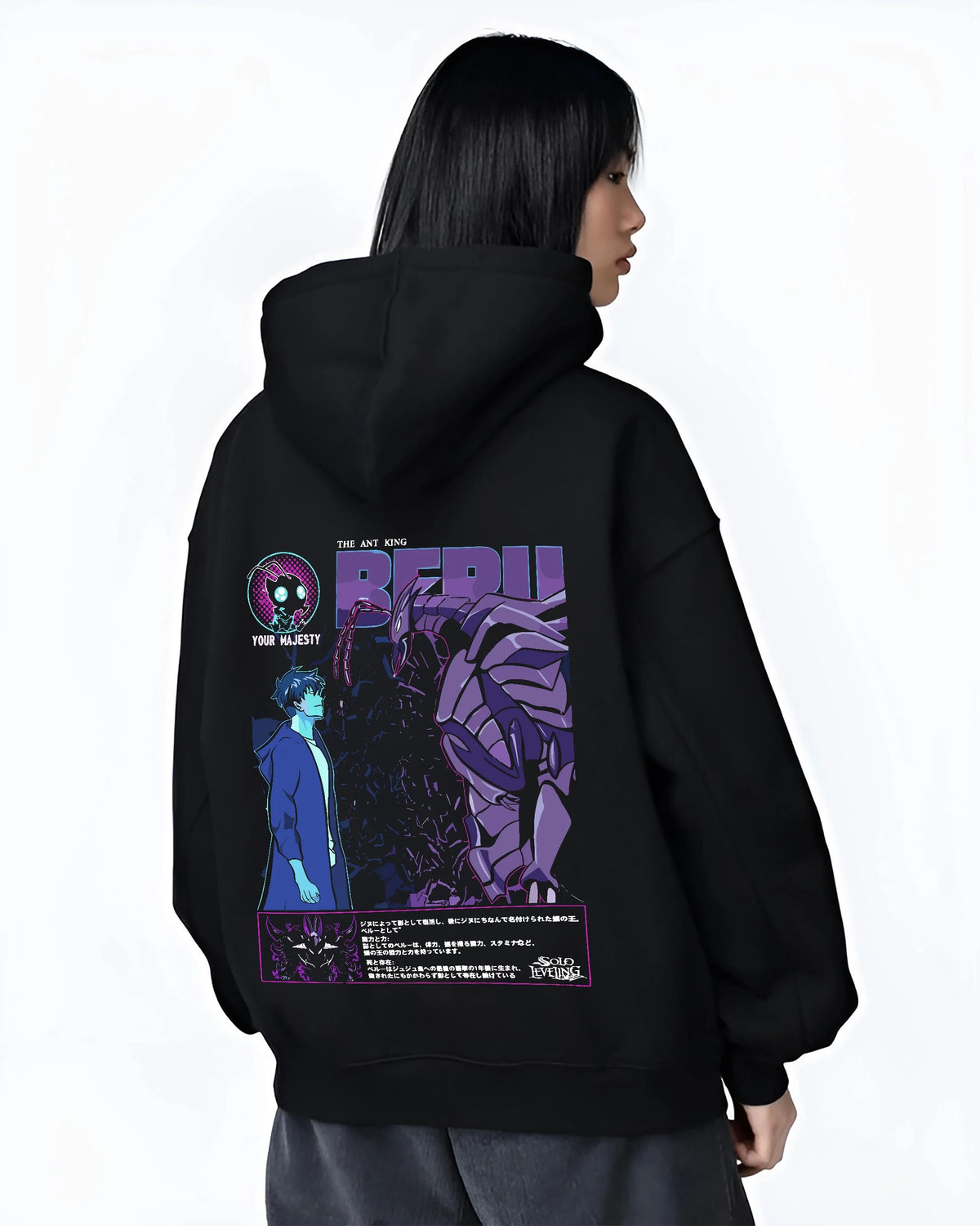 Black hoodie worn by female model from the back featuring Ice Monarch frost power artwork.