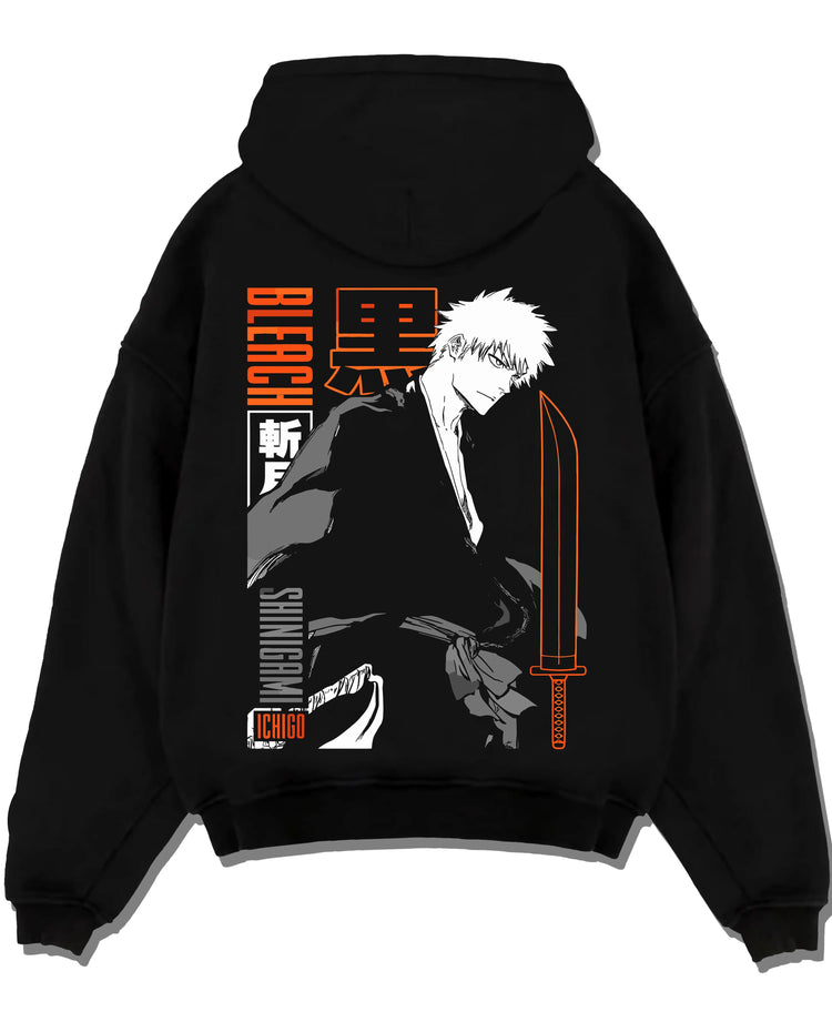 Black pullover hoodie laid flat with Bleach Hoodie Ichigo Kurosaki Bankai Shadow Jumper graphic bold anime graphic.