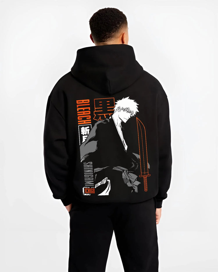 Black hoodie worn by male model, back view with Bleach Hoodie Ichigo Kurosaki Bankai Shadow Jumper graphic streetwear graphic.