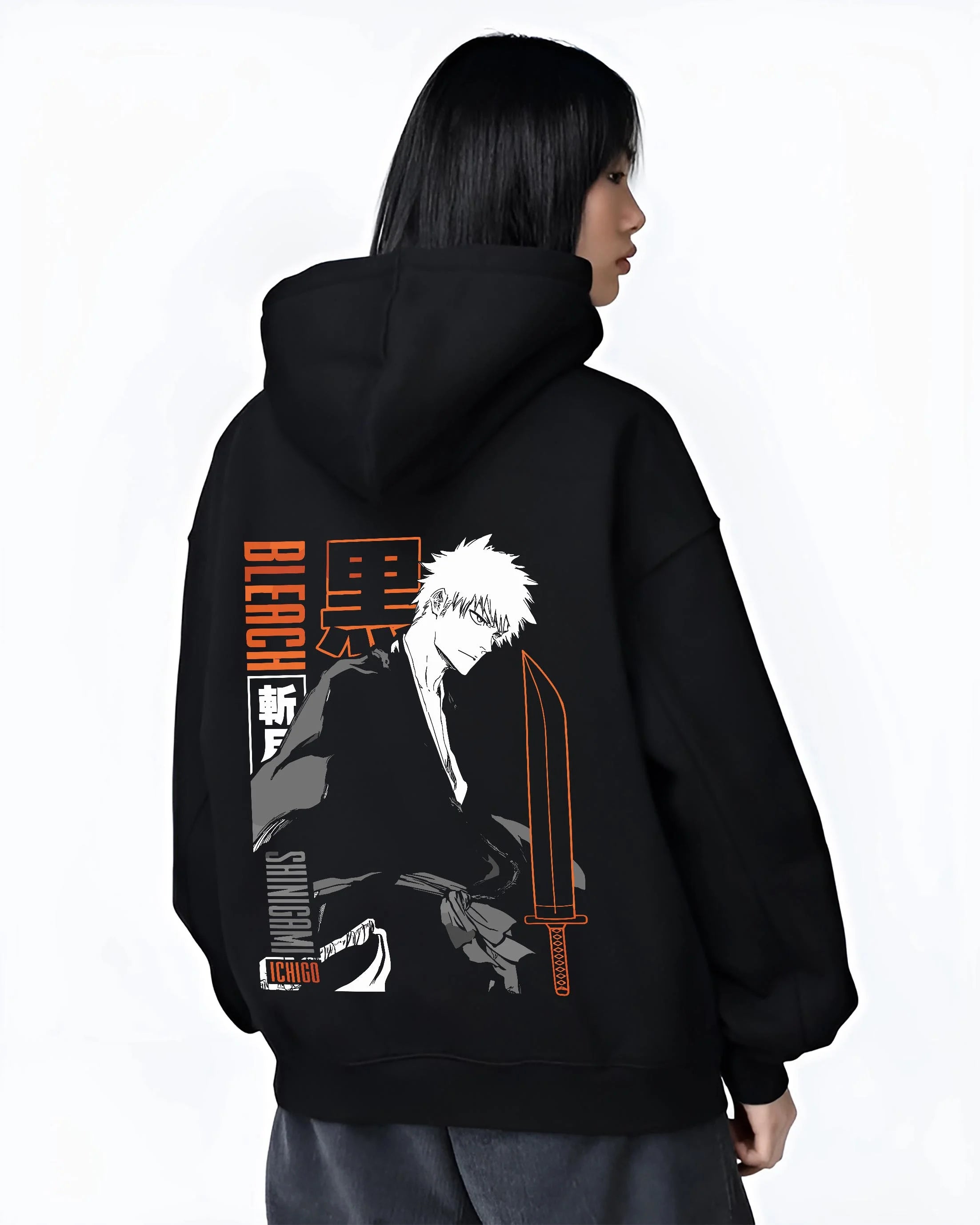Black hoodie worn by female model, back view with Bleach Hoodie Ichigo Kurosaki Bankai Shadow Jumper graphic streetwear graphic.