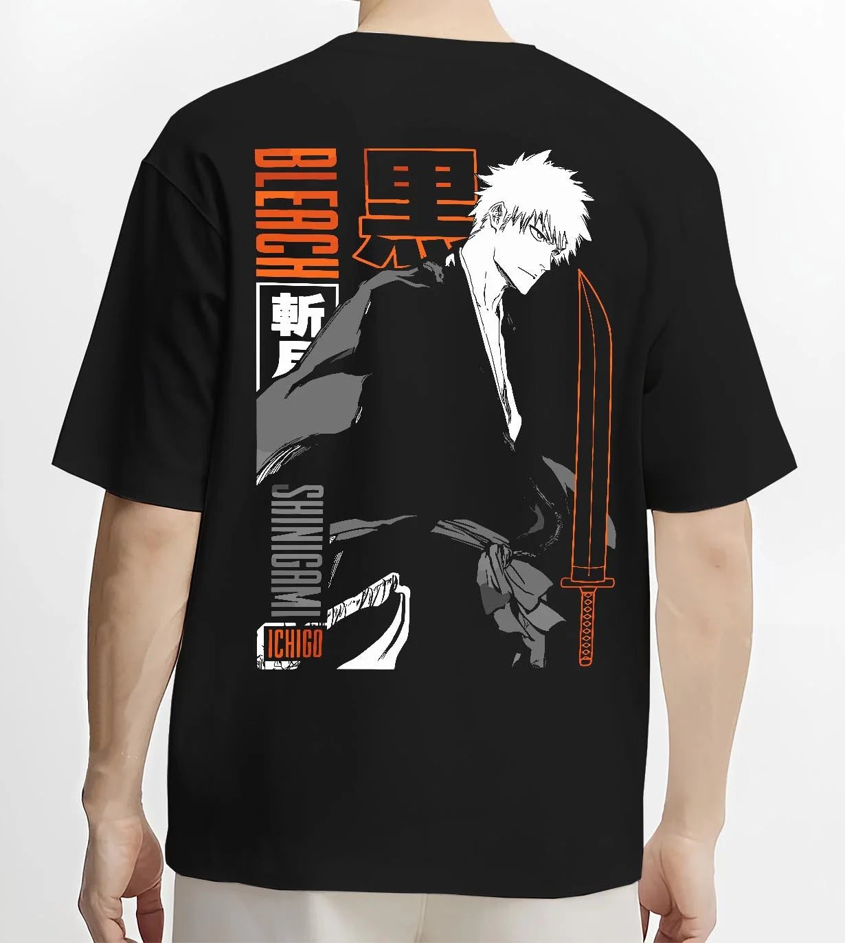 Black T-shirt worn by male model, back view with Bleach Hoodie Ichigo Kurosaki Bankai Shadow Jumper graphic premium wear.