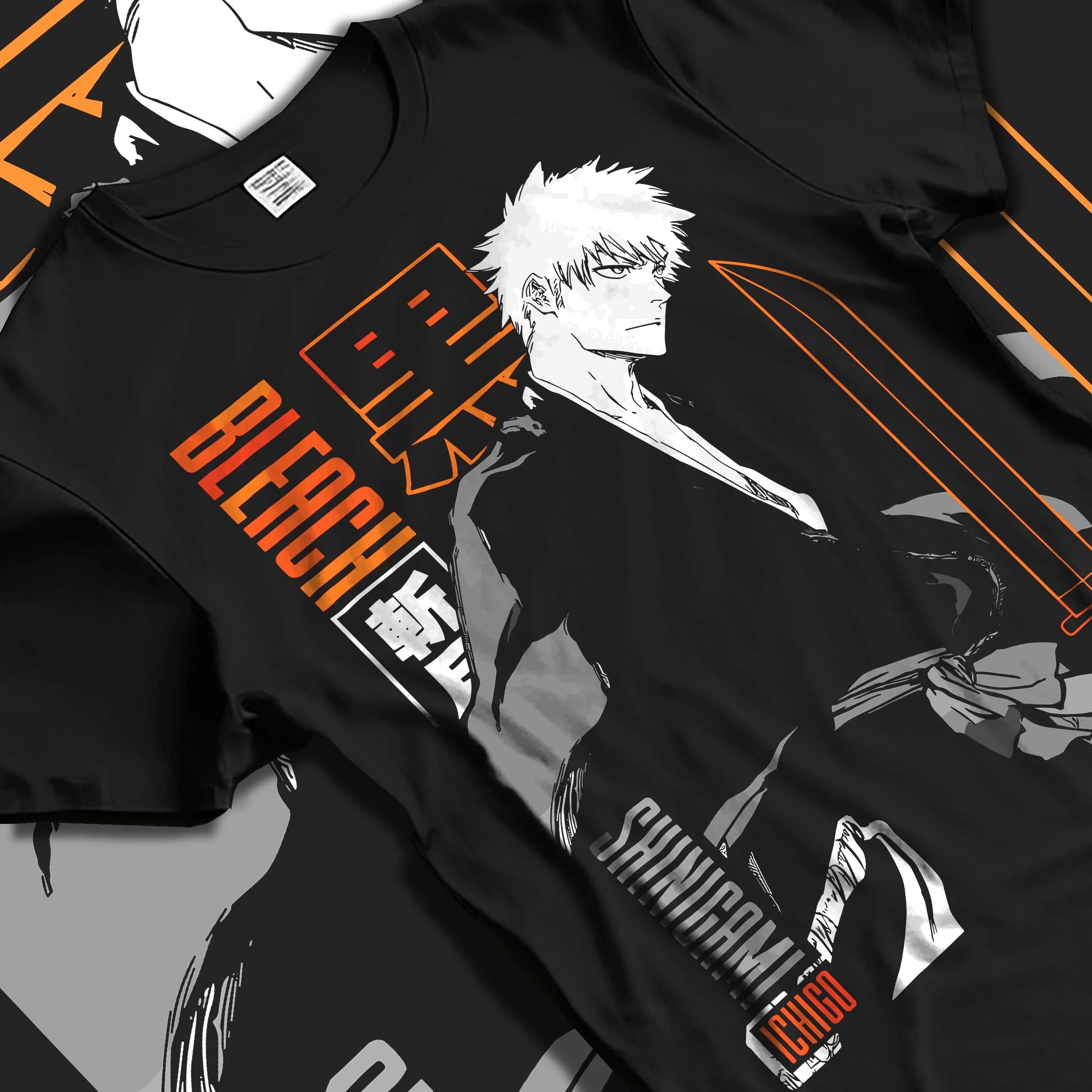 Black T-shirt laid flat with natural folds with Bleach Hoodie Ichigo Kurosaki Bankai Shadow Jumper graphic premium wear.
