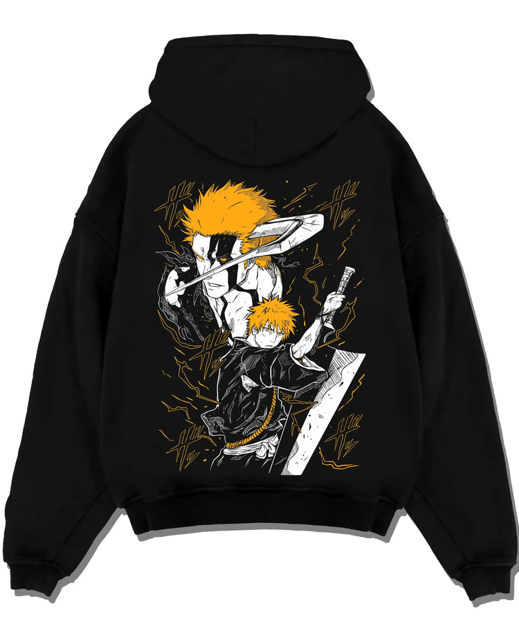 Black pullover hoodie laid flat with Ichigo Final Form Hoodie Bleach Anime Warrior Jumper graphic premium wear.