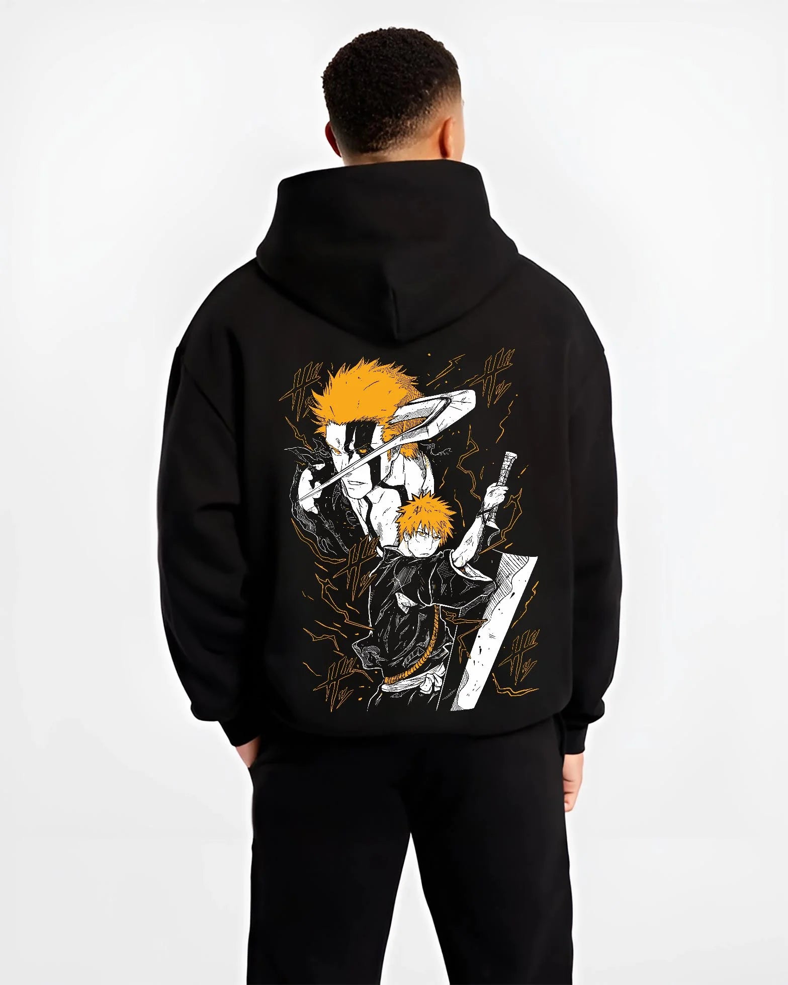 Black hoodie worn by male model, back view with Ichigo Final Form Hoodie Bleach Anime Warrior Jumper graphic premium wear.