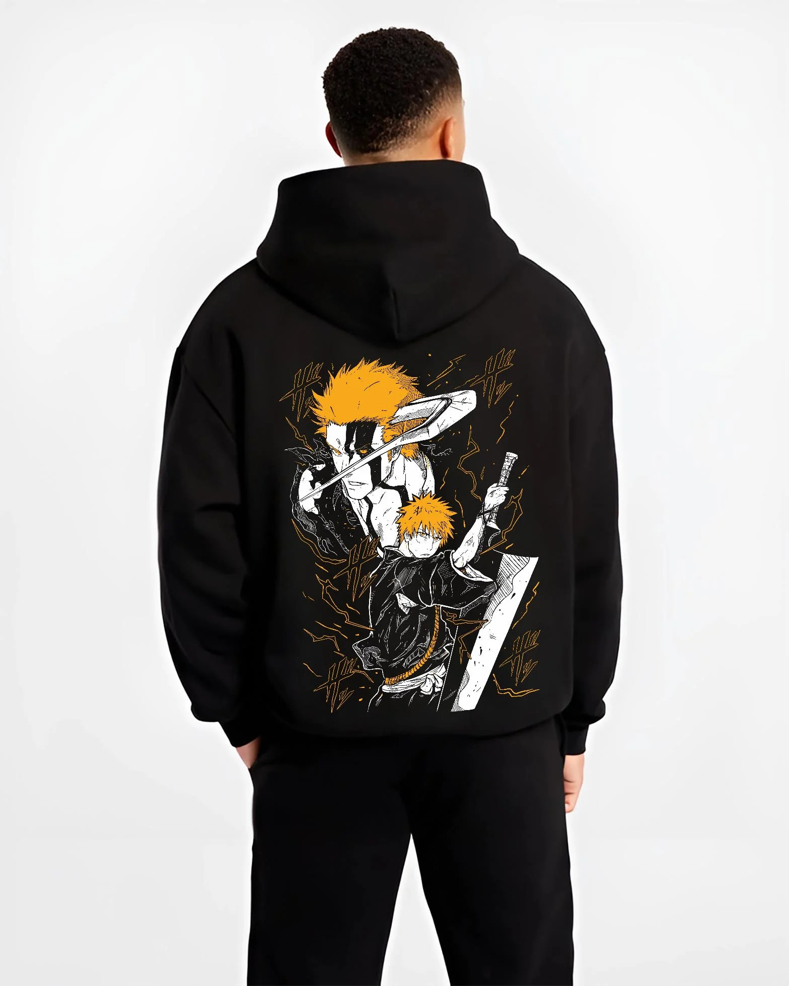 Black hoodie worn by male model, back view with Ichigo Final Form Hoodie Bleach Anime Warrior Jumper graphic premium wear.