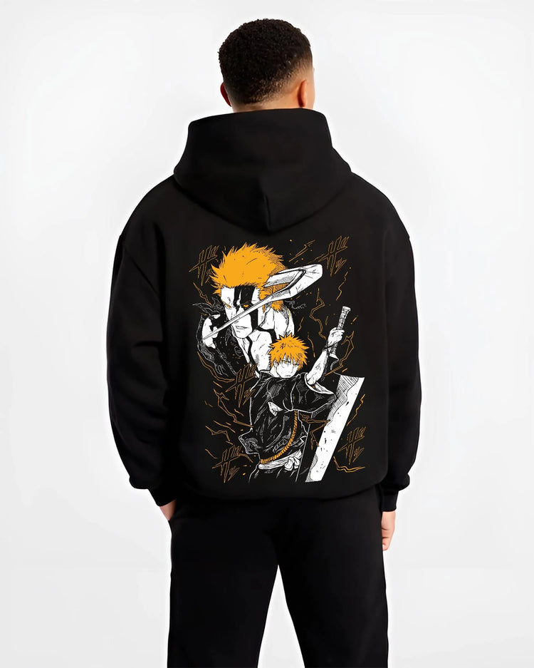 Black hoodie worn by male model, back view with Ichigo Final Form Hoodie Bleach Anime Warrior Jumper graphic premium wear.
