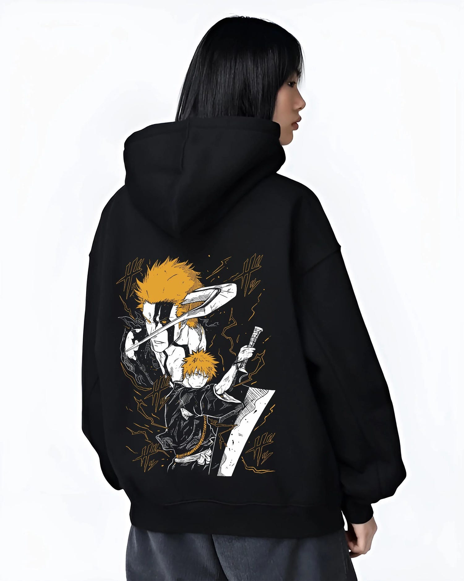 Black hoodie worn by female model, back view with Ichigo Final Form Hoodie Bleach Anime Warrior Jumper graphic premium wear.