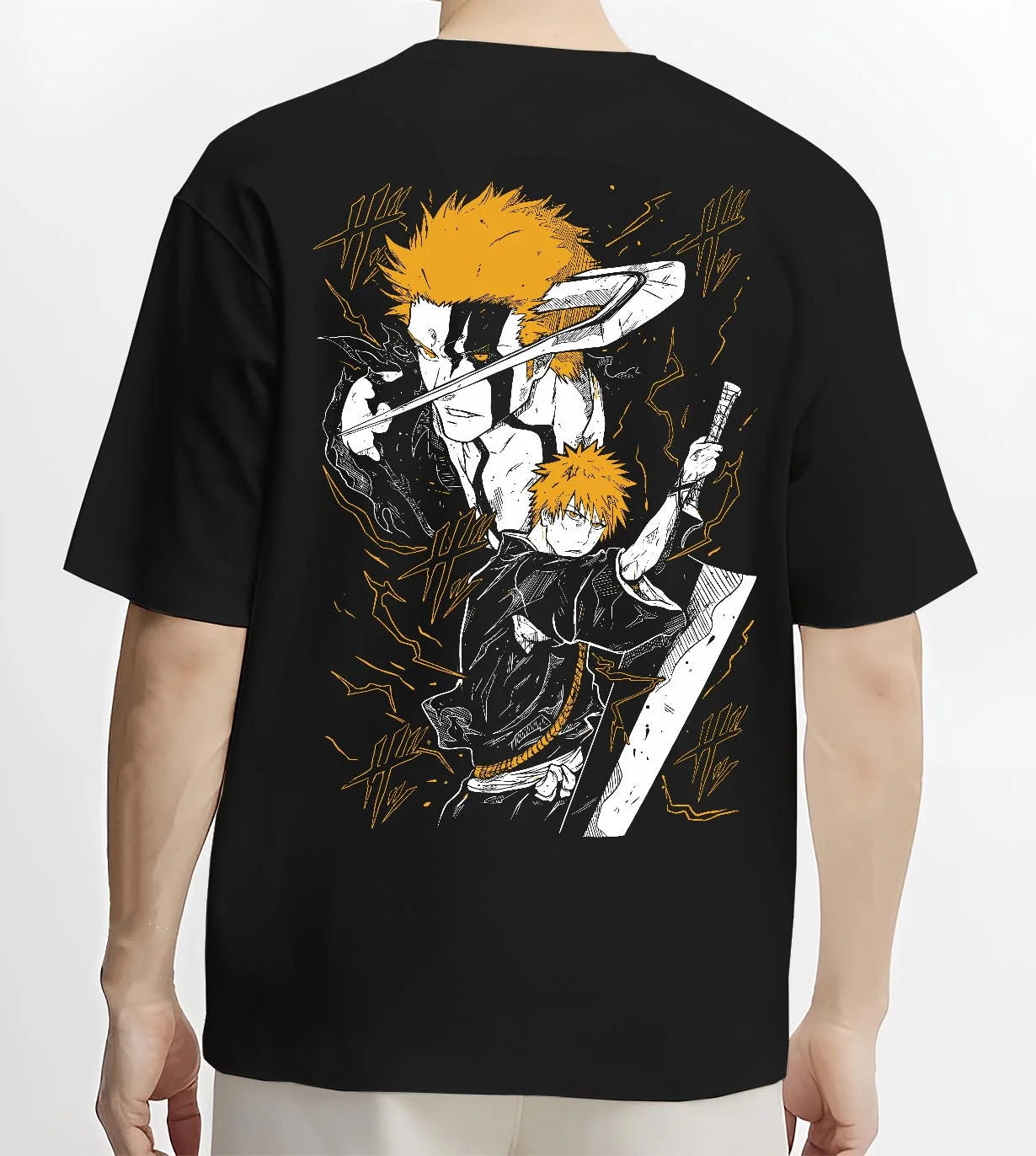 Black T-shirt worn by male model, back view with Ichigo Final Form Hoodie Bleach Anime Warrior Jumper graphic streetwear graphic.