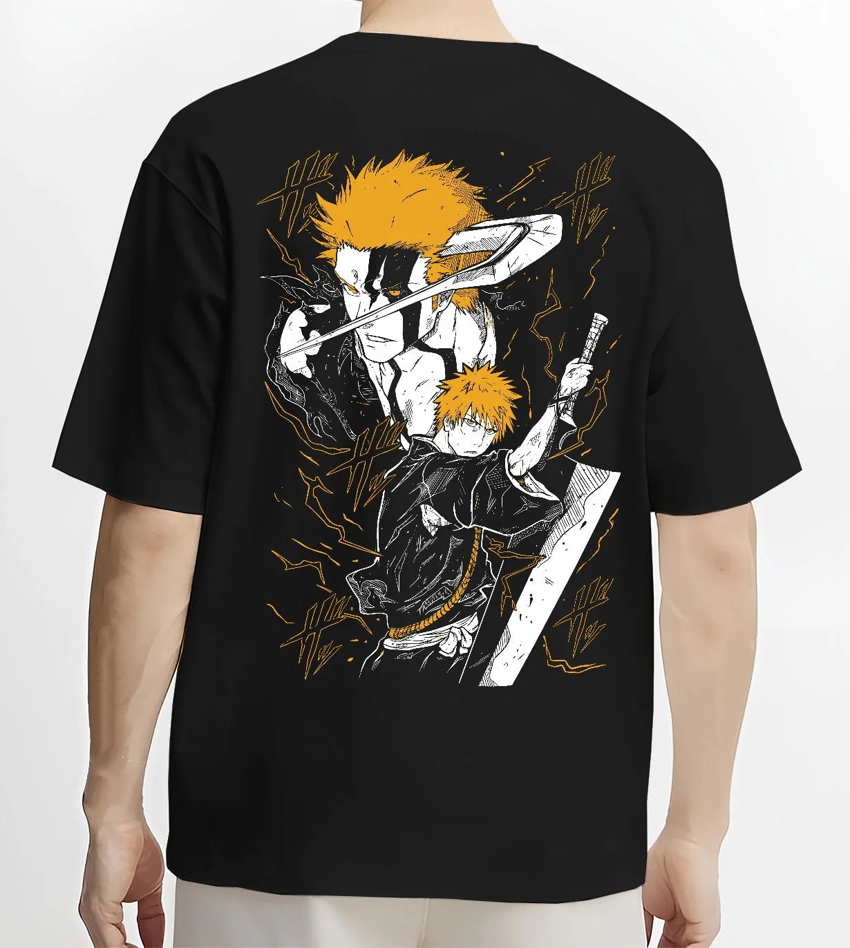Black T-shirt worn by male model, back view with Ichigo Final Form Hoodie Bleach Anime Warrior Jumper graphic streetwear graphic.