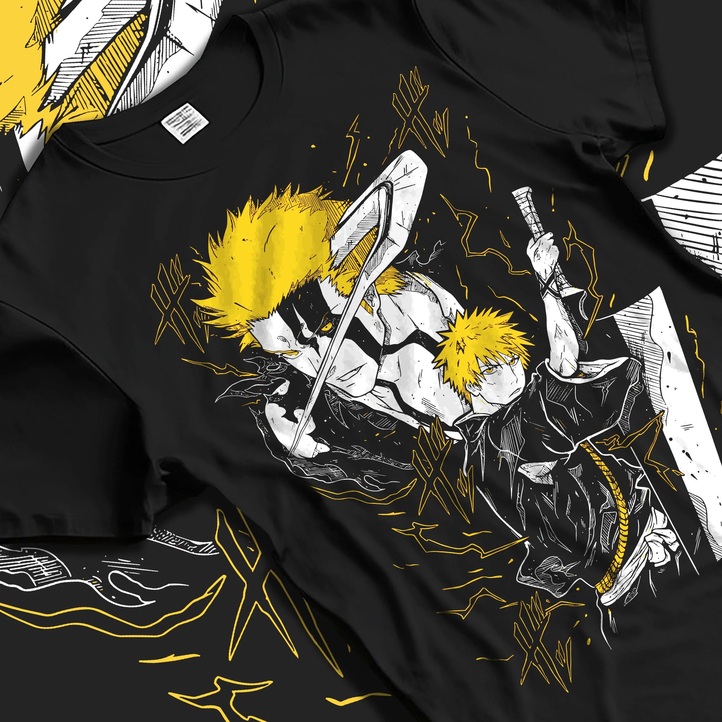 Black T-shirt laid flat with natural folds with Ichigo Final Form Hoodie Bleach Anime Warrior Jumper graphic bold anime graphic.