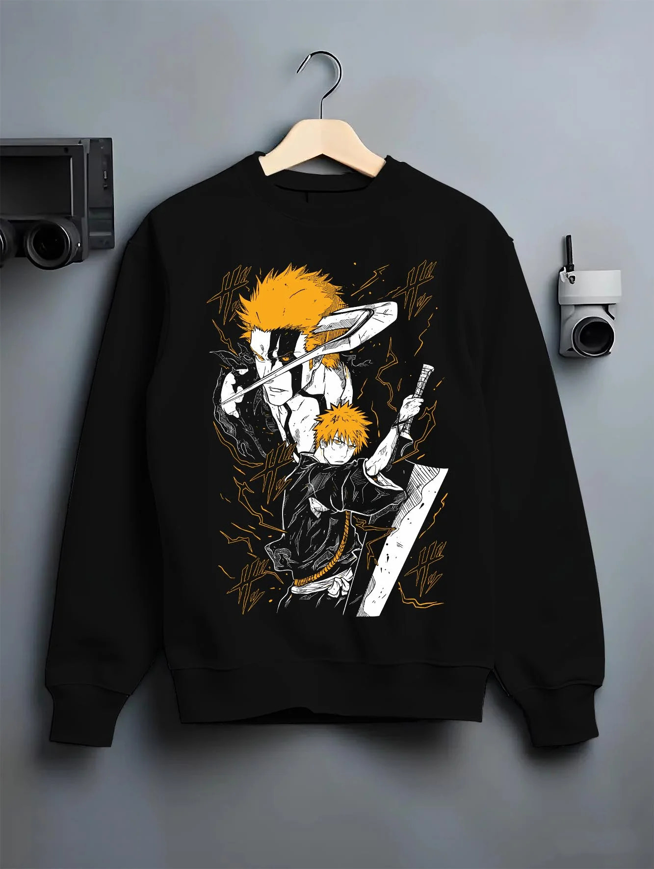 Black crewneck sweatshirt on hanger with Ichigo Final Form Hoodie Bleach Anime Warrior Jumper graphic bold anime graphic.