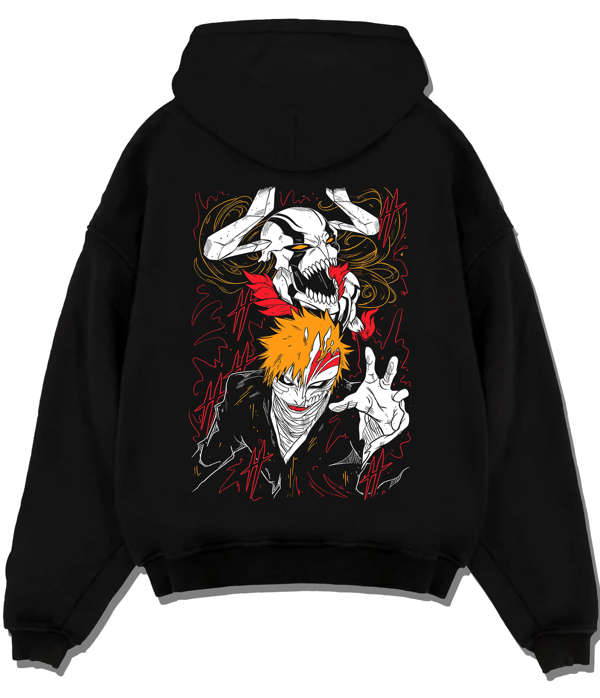 Black hoodie flat back view showing Ichigo Kurosaki from Bleach: Hollow mask and dual portrait