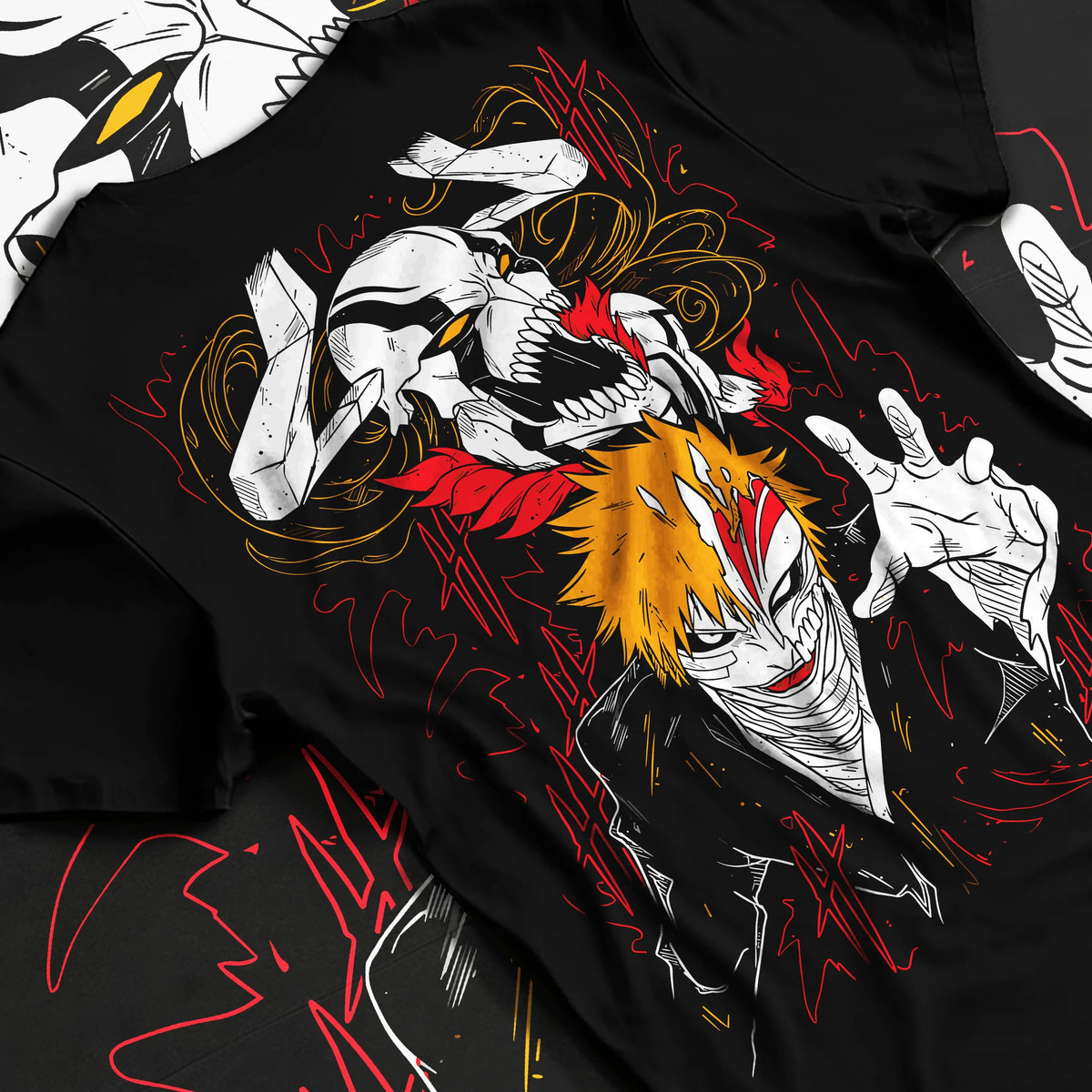 Black T-shirt flat back view showing Ichigo Kurosaki from Bleach: Hollow mask and dual portrait