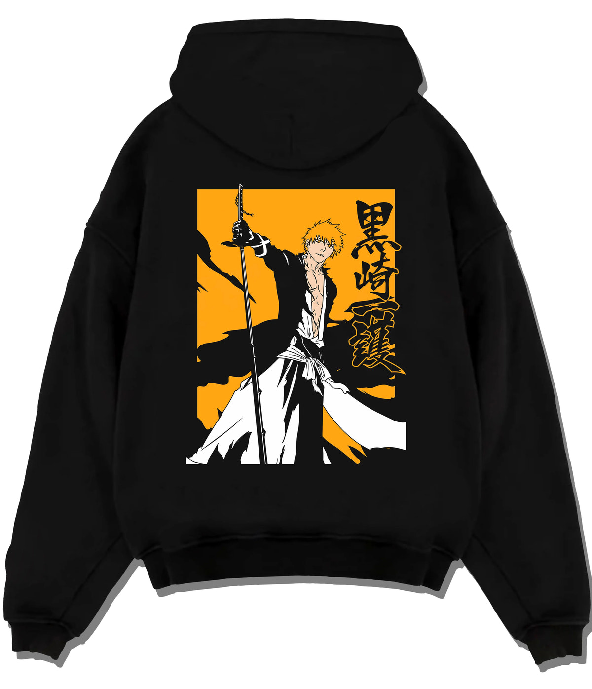 Black hoodie flat back view showing Ichigo Kurosaki from Bleach: sword silhouette on yellow