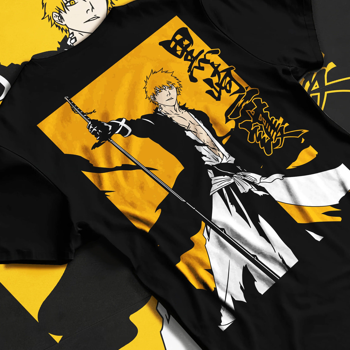 Black T-shirt flat back view showing Ichigo Kurosaki from Bleach: sword silhouette on yellow