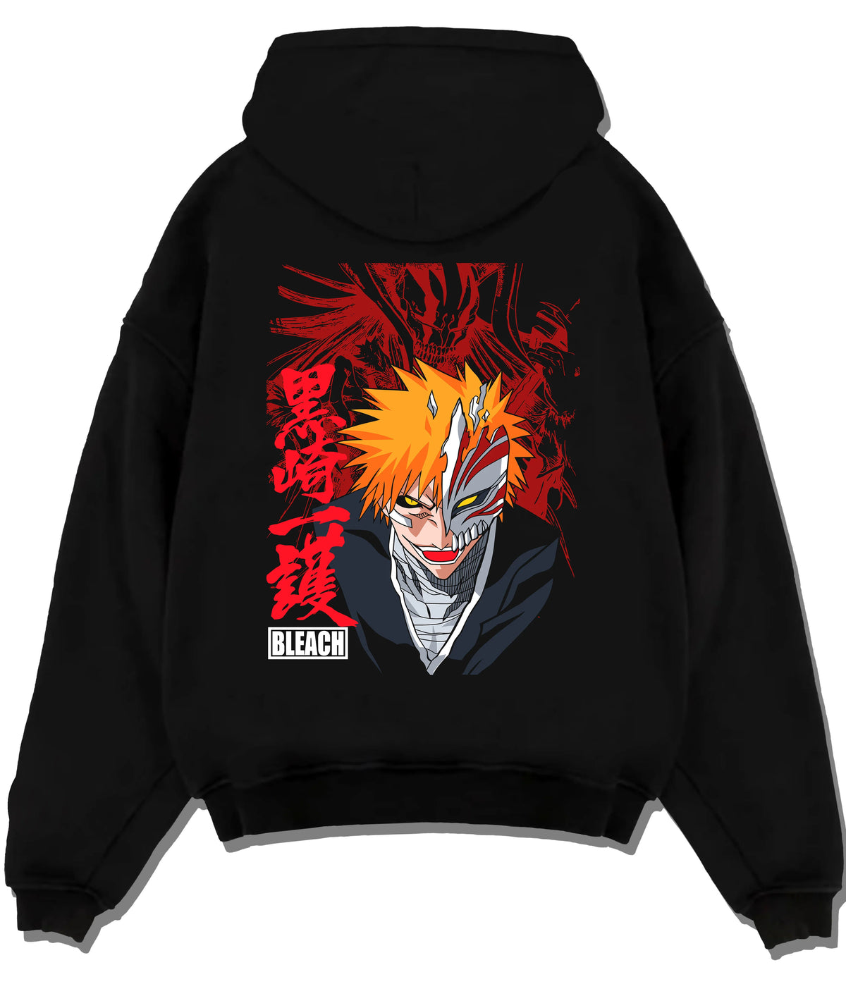 Black hoodie flat back view showing Ichigo Kurosaki from Bleach: half Hollow mask