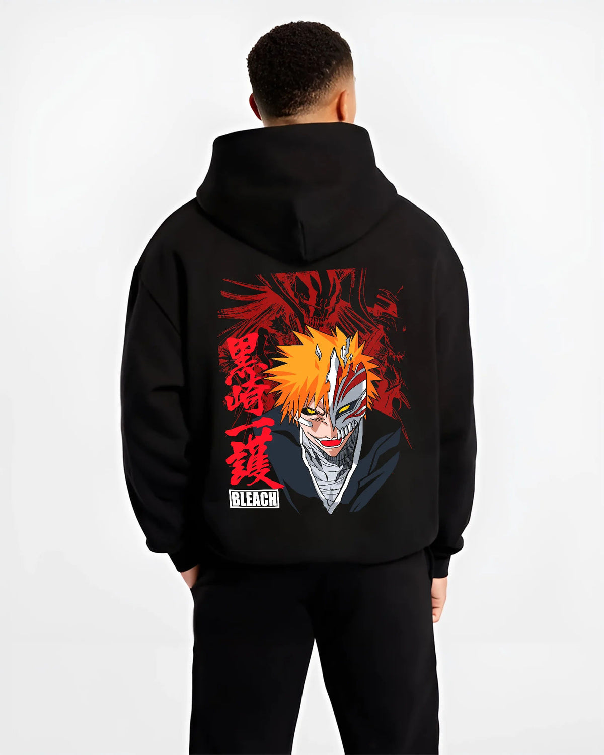 Black hoodie model back view showing Ichigo Kurosaki from Bleach: half Hollow mask
