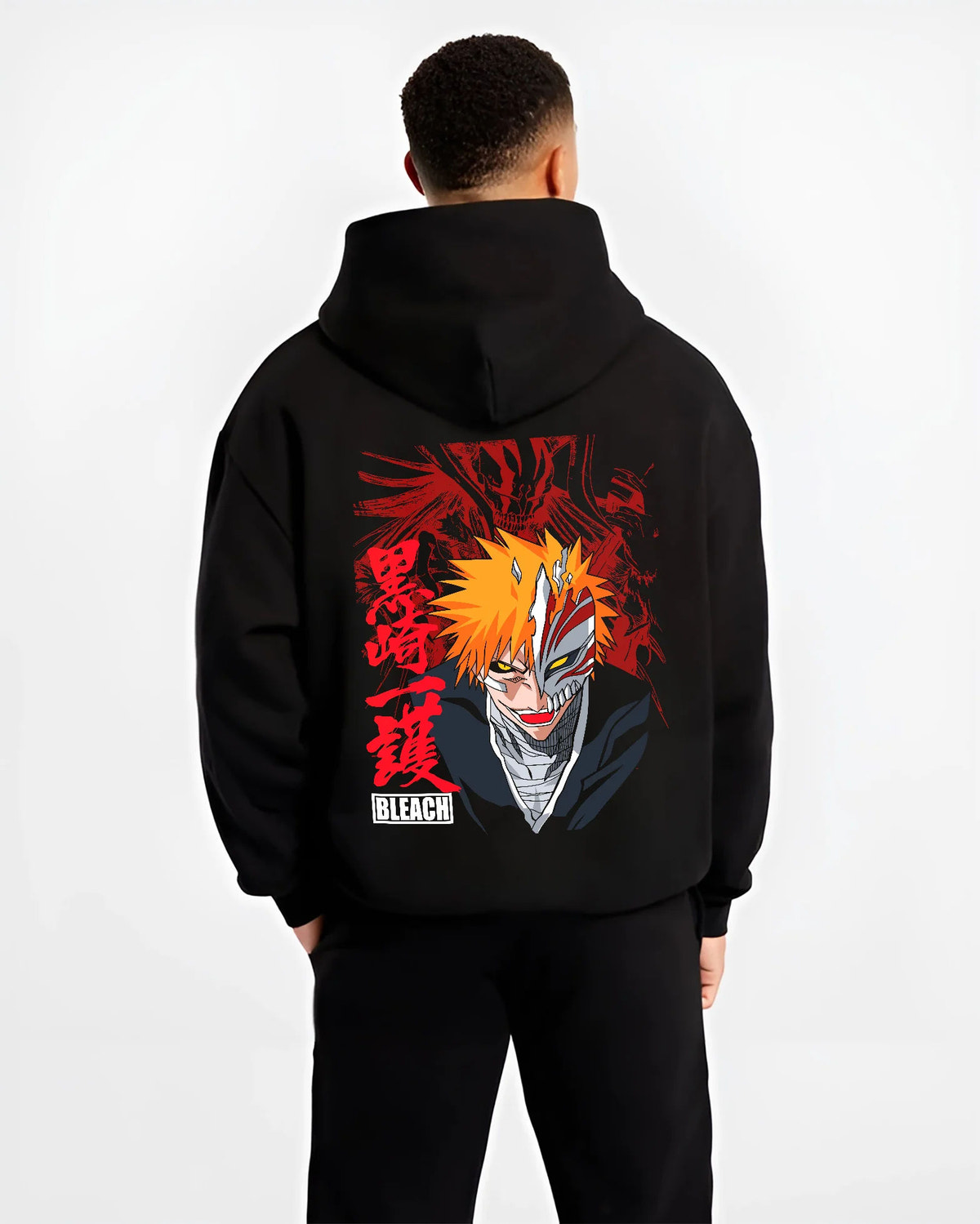 Black hoodie model back view showing Ichigo Kurosaki from Bleach: half Hollow mask