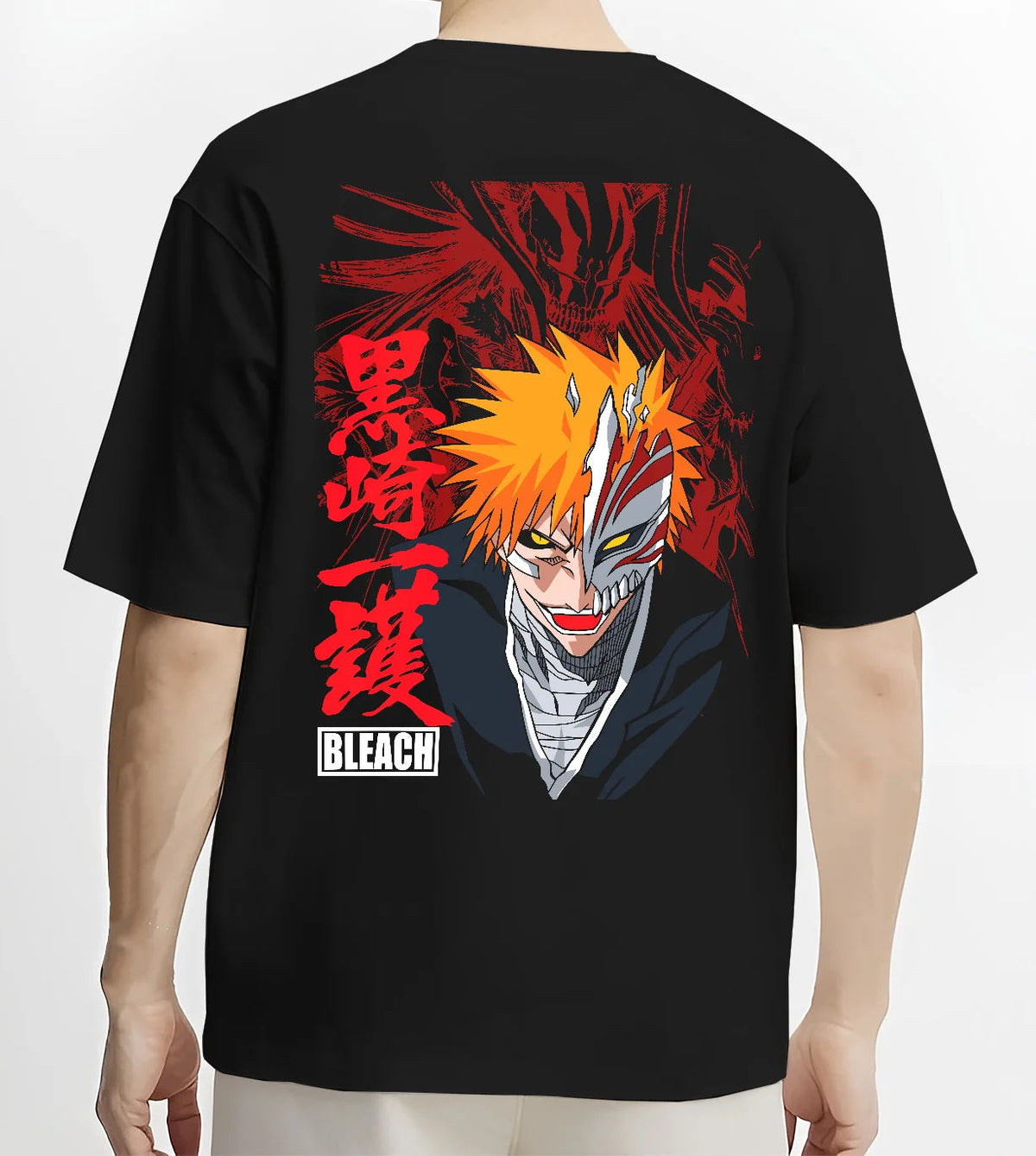 Black T-shirt model back view showing Ichigo Kurosaki from Bleach: half Hollow mask