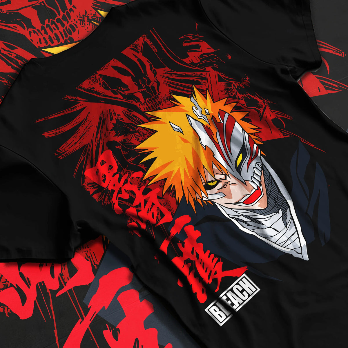 Black T-shirt flat back view showing Ichigo Kurosaki from Bleach: half Hollow mask