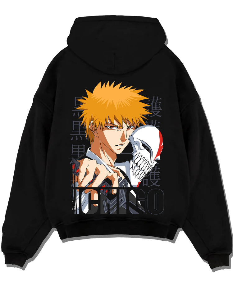 Black pullover hoodie laid flat with Bleach Hoodie Ichigo Kurosaki Hollow Mask Jumper graphic bold anime graphic.