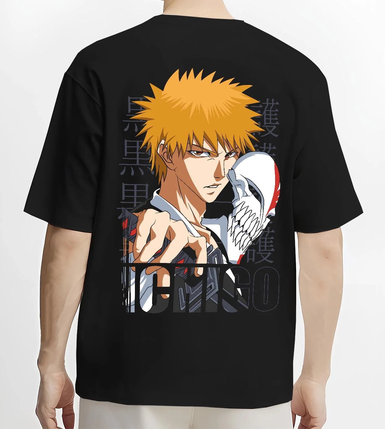 Black T-shirt worn by male model, back view with Bleach Hoodie Ichigo Kurosaki Hollow Mask Jumper graphic streetwear graphic.