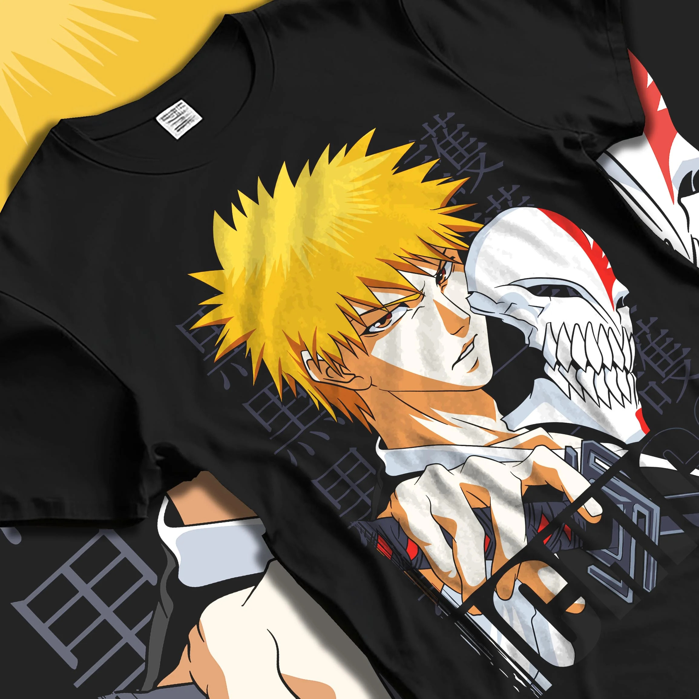 Black T-shirt laid flat with natural folds with Bleach Hoodie Ichigo Kurosaki Hollow Mask Jumper graphic premium wear.