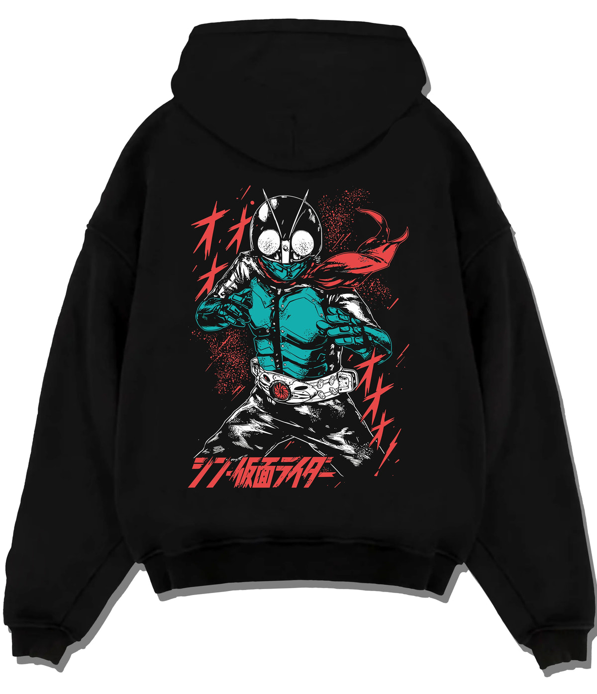 Black hoodie flat back view showing Kamen Rider Ichigo: green suit and red scarf