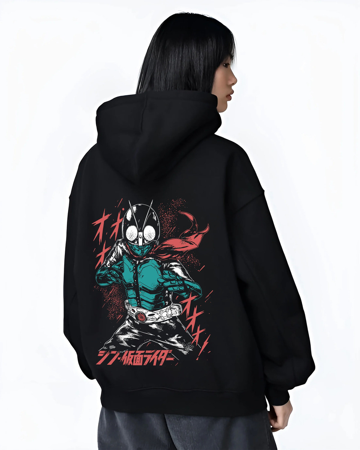 Black hoodie female model back view showing Kamen Rider Ichigo: green suit and red scarf