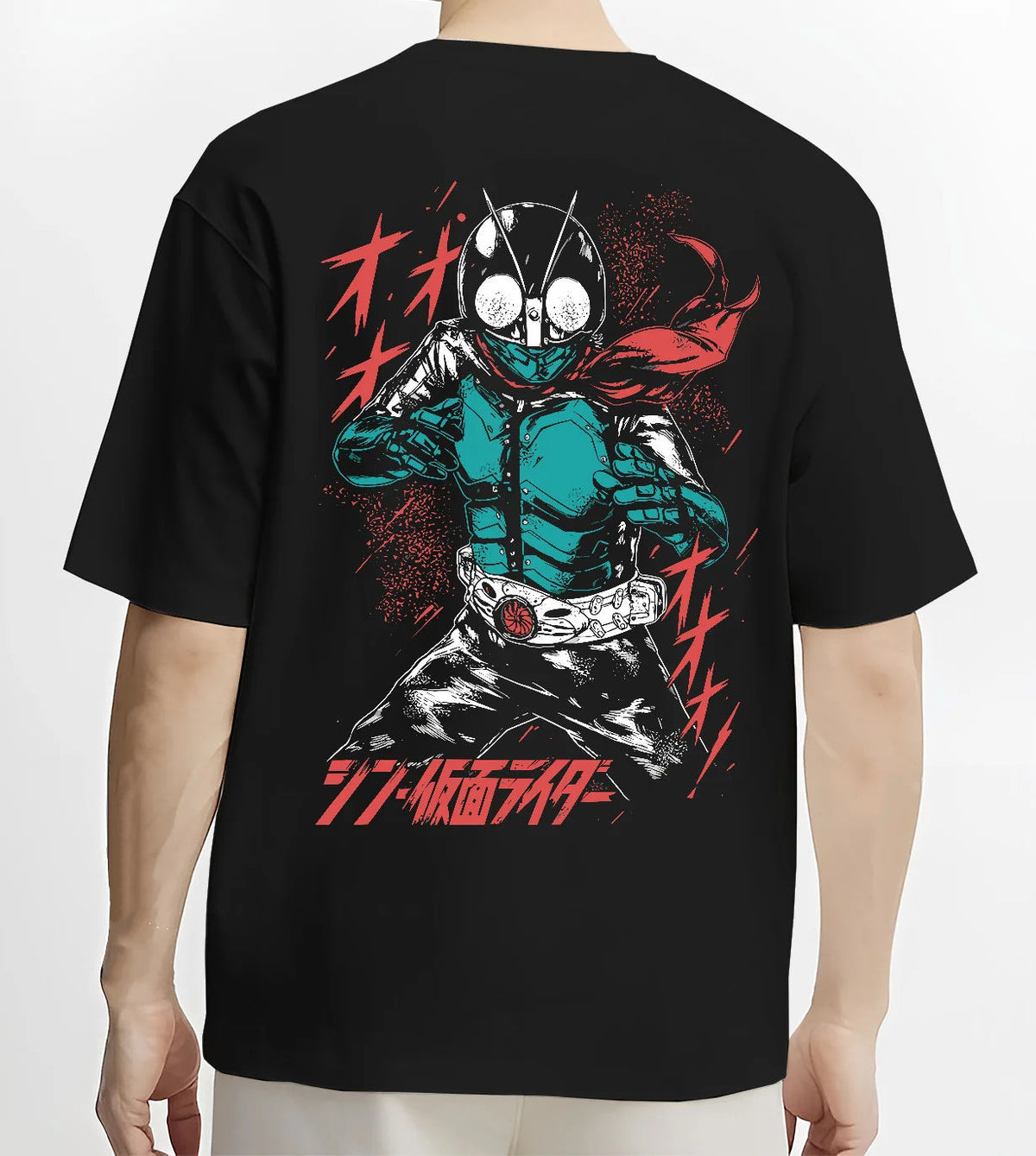 Black T-shirt model back view showing Kamen Rider Ichigo: green suit and red scarf