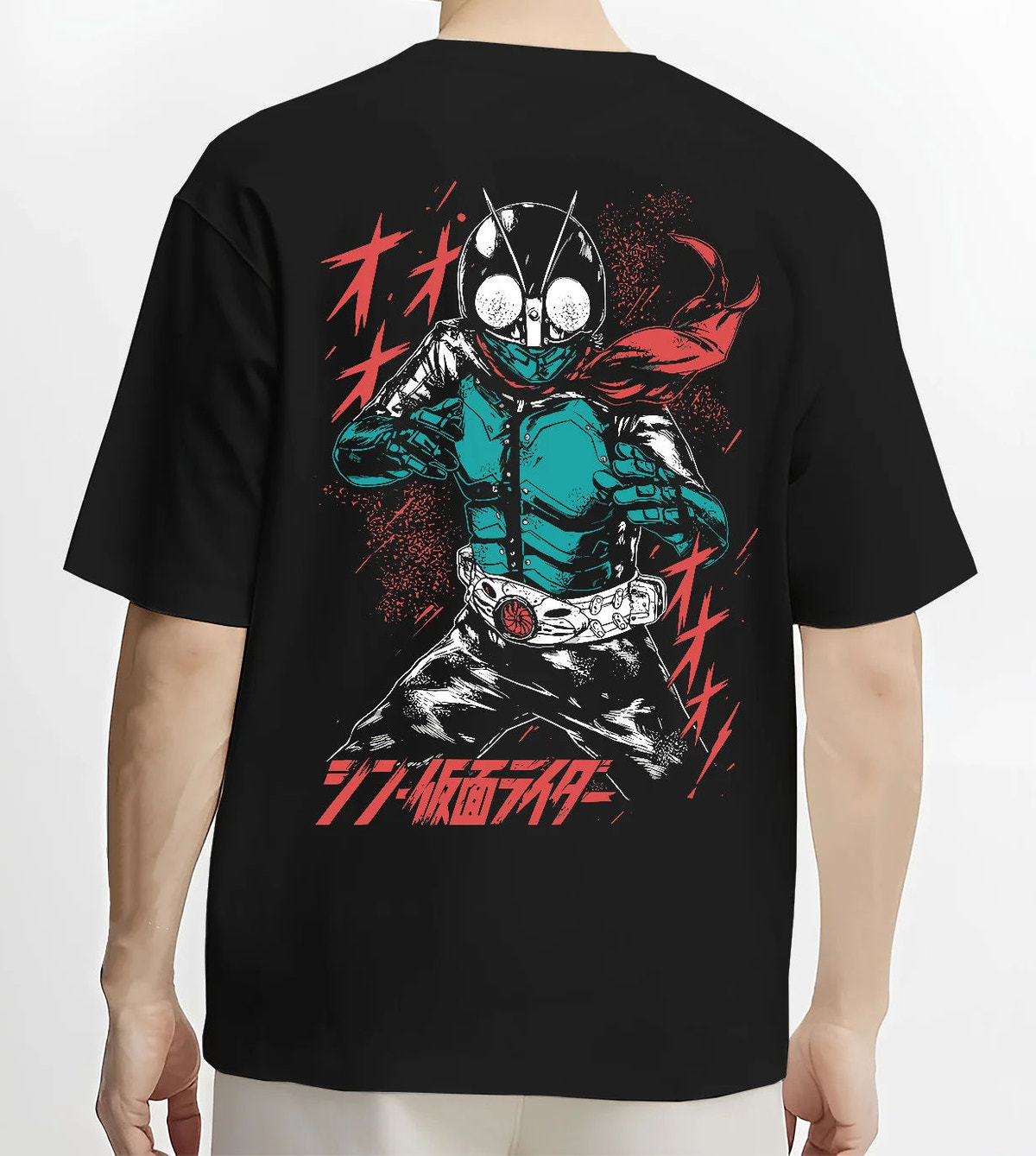 Black T-shirt model back view showing Kamen Rider Ichigo: green suit and red scarf