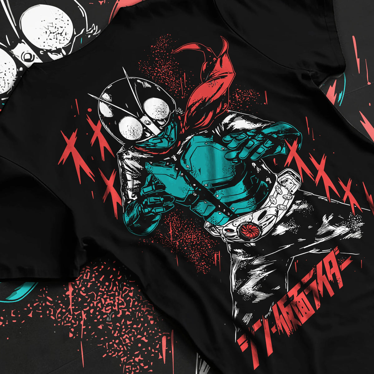 Black T-shirt flat back view showing Kamen Rider Ichigo: green suit and red scarf