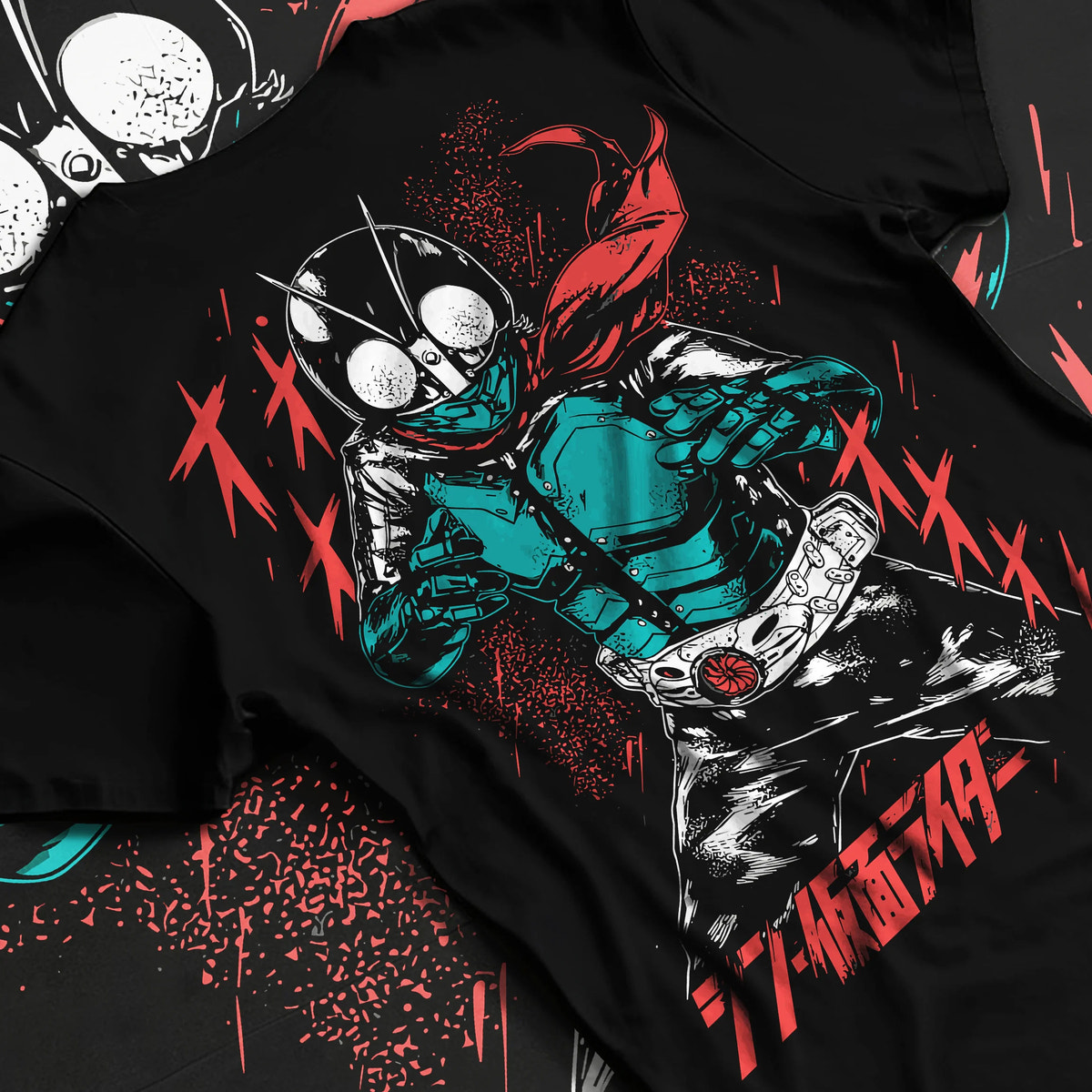 Black T-shirt flat back view showing Kamen Rider Ichigo: green suit and red scarf