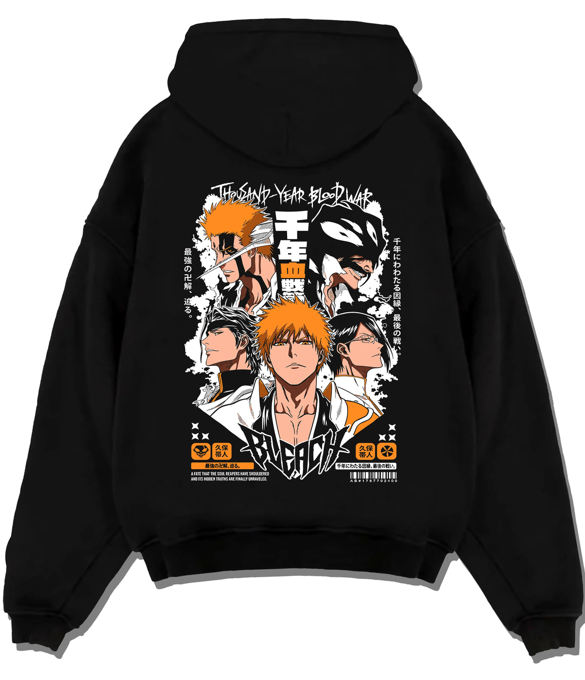 Black hoodie flat back view showing Ichigo Kurosaki from Bleach: multiple Bleach character portraits