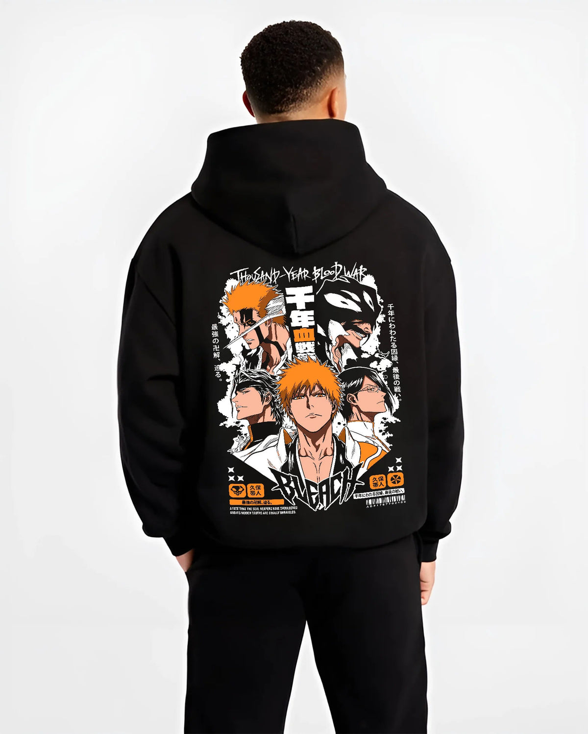 Black hoodie model back view showing Ichigo Kurosaki from Bleach: multiple Bleach character portraits