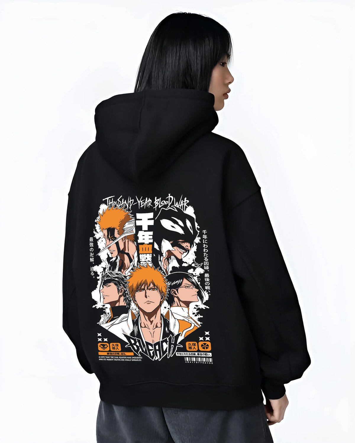 Black hoodie female model back view showing Ichigo Kurosaki from Bleach: multiple Bleach character portraits