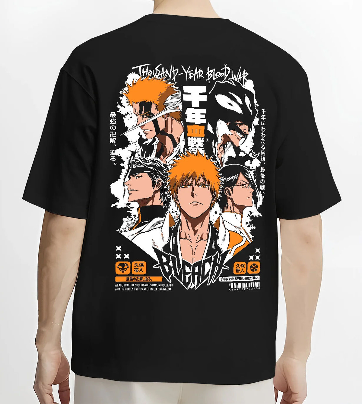 Black T-shirt model back view showing Ichigo Kurosaki from Bleach: multiple Bleach character portraits