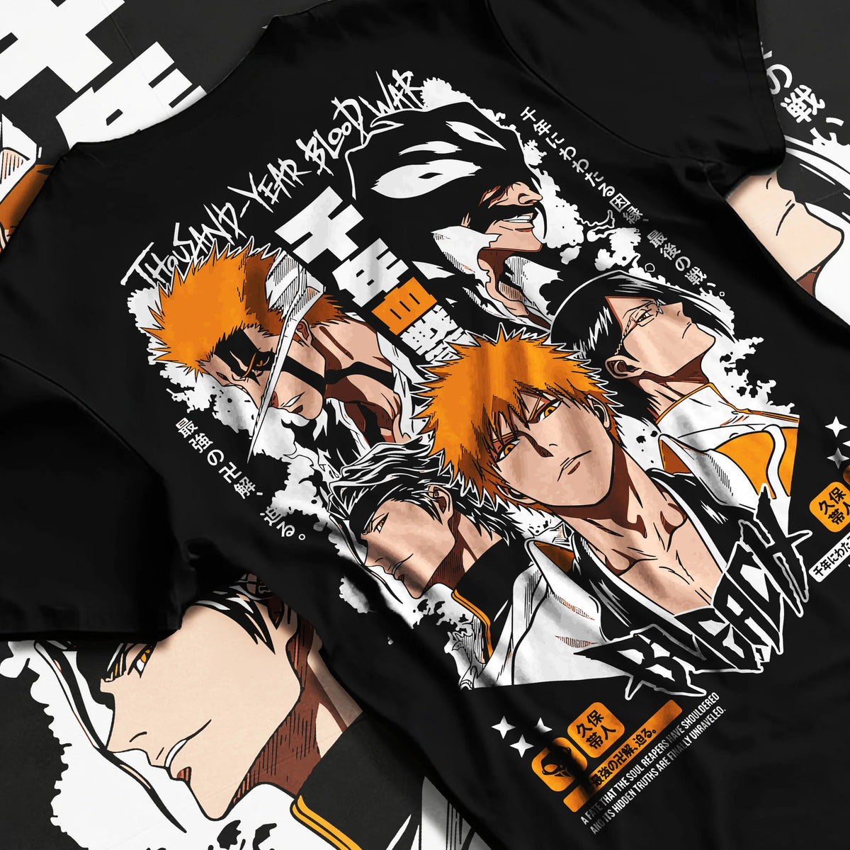 Black T-shirt flat back view showing Ichigo Kurosaki from Bleach: multiple Bleach character portraits