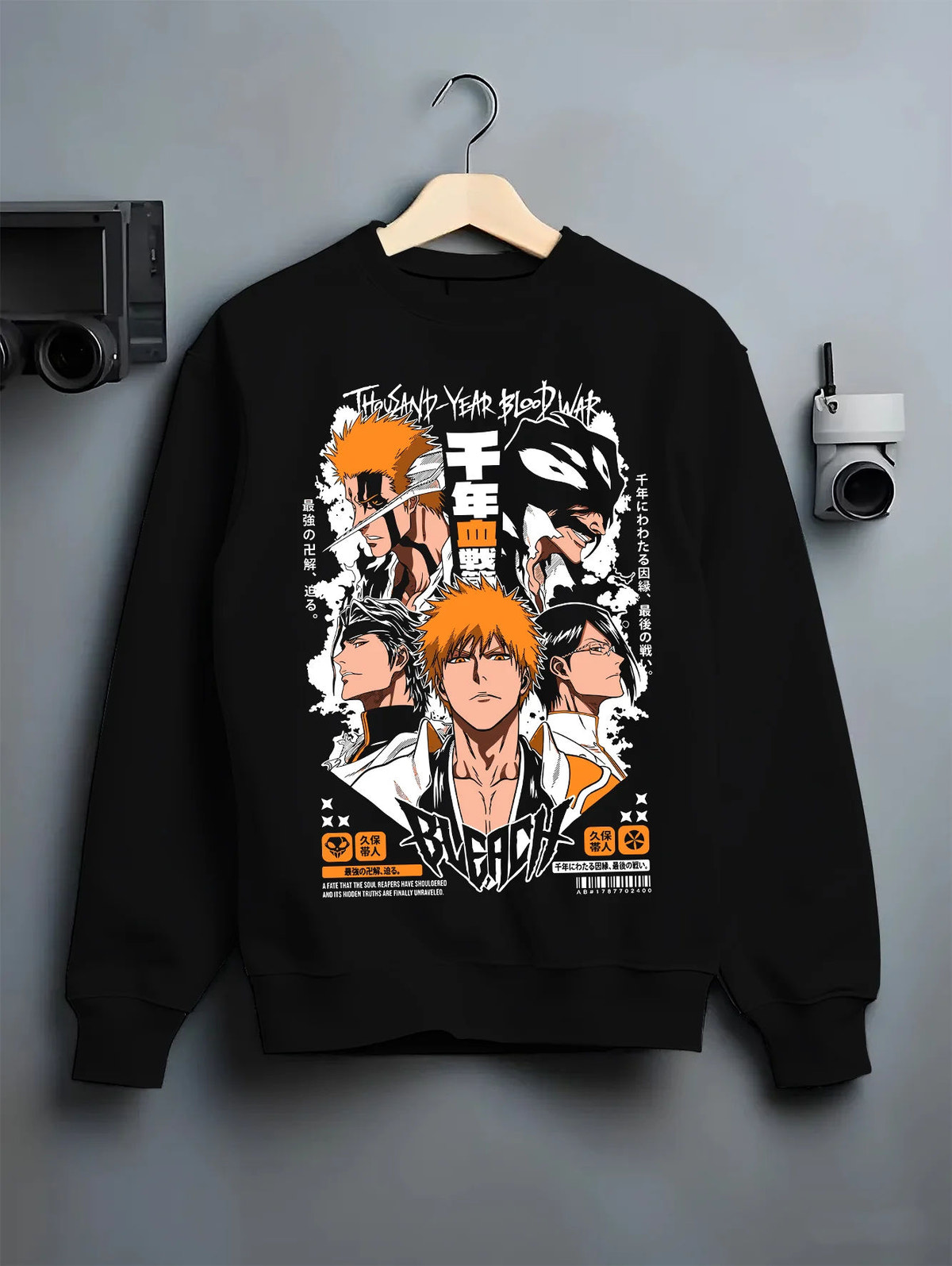 Black crewneck sweatshirt on hanger showing Ichigo Kurosaki from Bleach: multiple Bleach character portraits