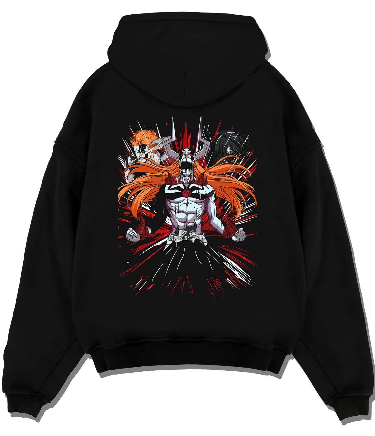 Black hoodie flat back view showing Ichigo Kurosaki from Bleach: Hollow/Bankai armoured form