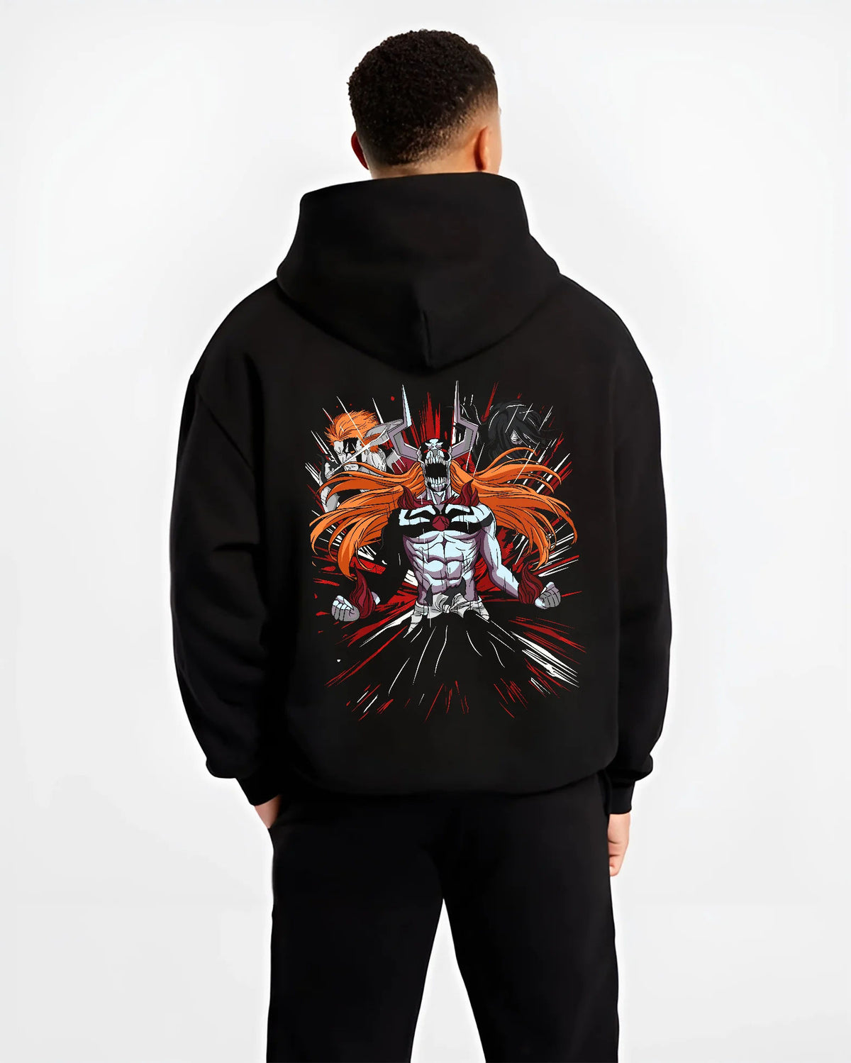Black hoodie model back view showing Ichigo Kurosaki from Bleach: Hollow/Bankai armoured form