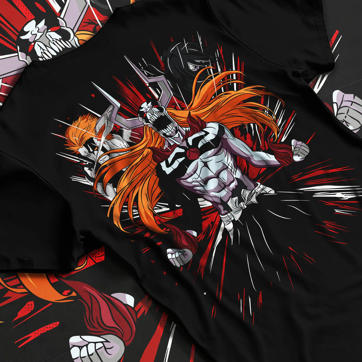 Black T-shirt flat back view showing Ichigo Kurosaki from Bleach: Hollow/Bankai armoured form